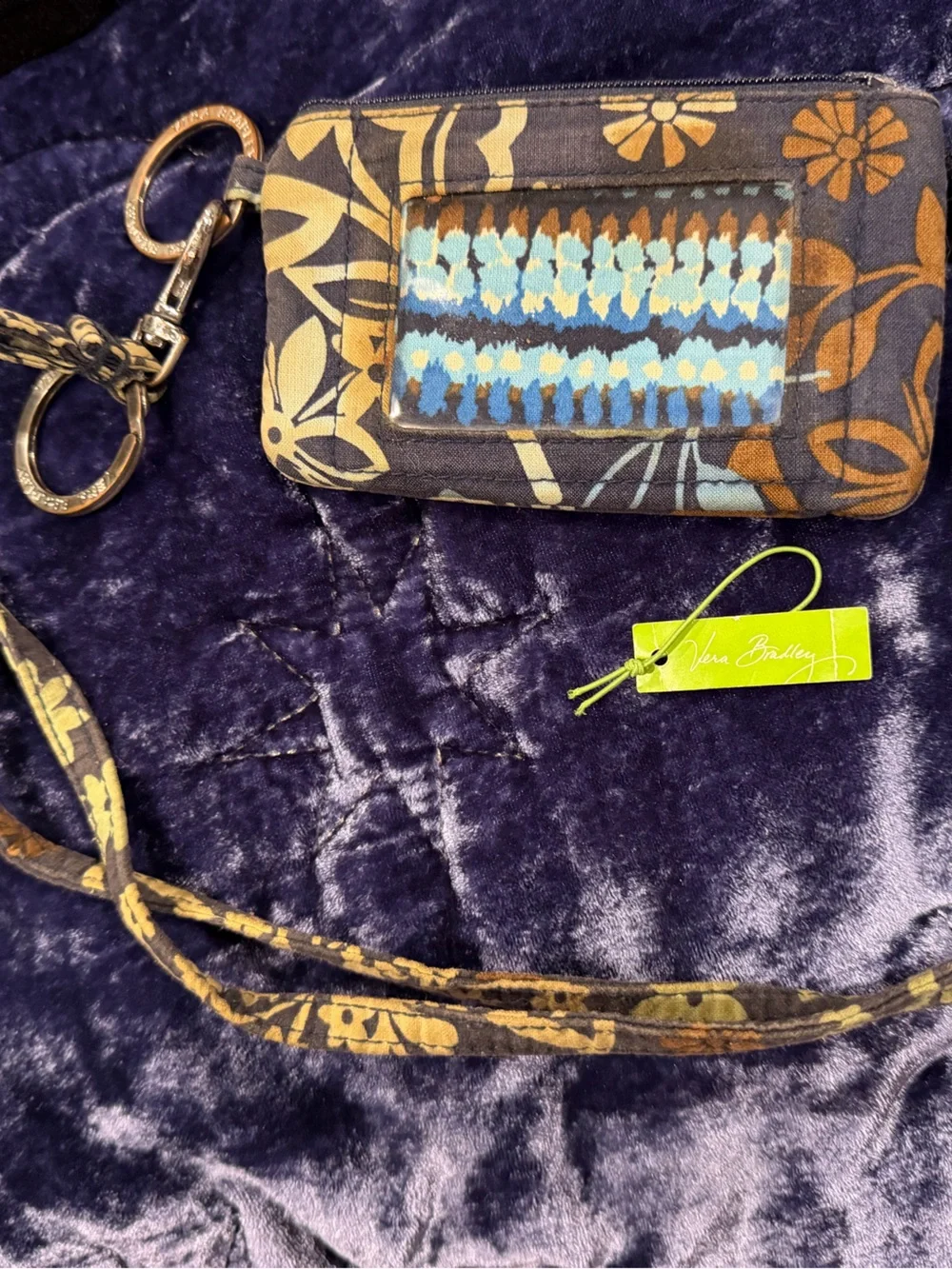 Vera Bradley Floral ID Lanyard Wallet in Navy, Brown & Light Blue